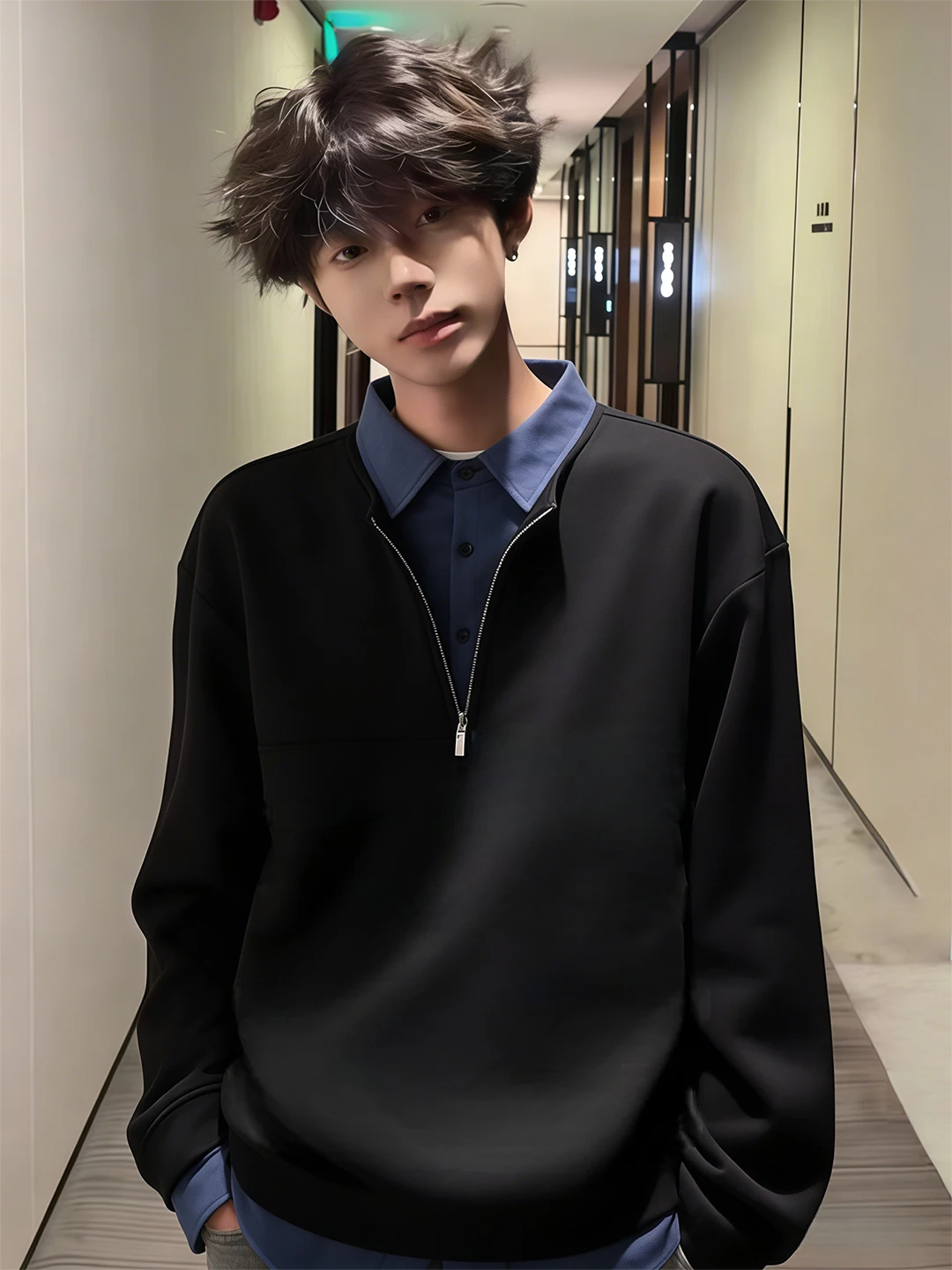 

Мужская толстовка на молнии с длинным рукавом, с воротником, для ношения под одеждой, осенне-зимняя, повседневная, уличная, удобная, свободного кроя, базовая модель