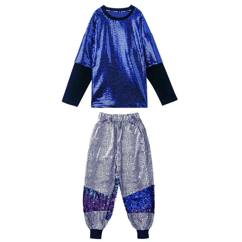 Sweat-shirt à paillettes de saphir pour enfants, pantalon de jogging décontracté pour filles et garçons, olympiques de danse jazz, vêtements Kpop Hip Hop, haut argenté