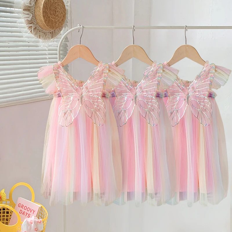 Baby Girls Gradient Rainbow Tulle Sling Dress 3D Butterfly Mesh Vestido Vintage Children Wedding Birthday Party Princess Dresses