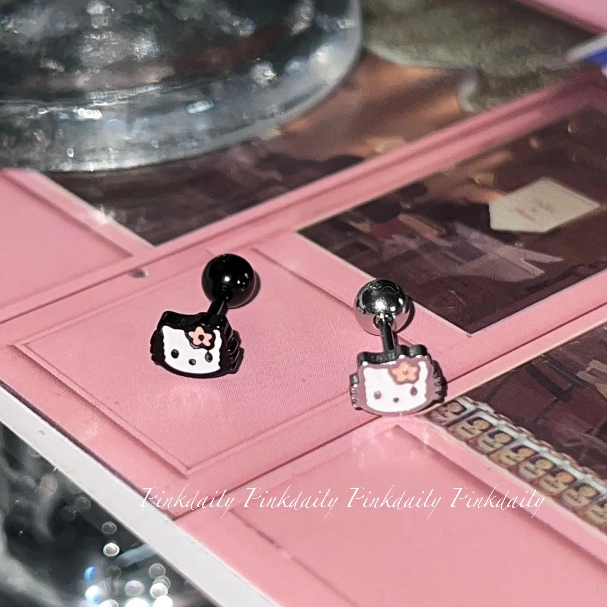 New HelloKitty Titanium Steel Women Sanrio Anime Cartoon Gold Silver Ear Studs Earrings Tragus Cartilage Piercing Jewelry Gift