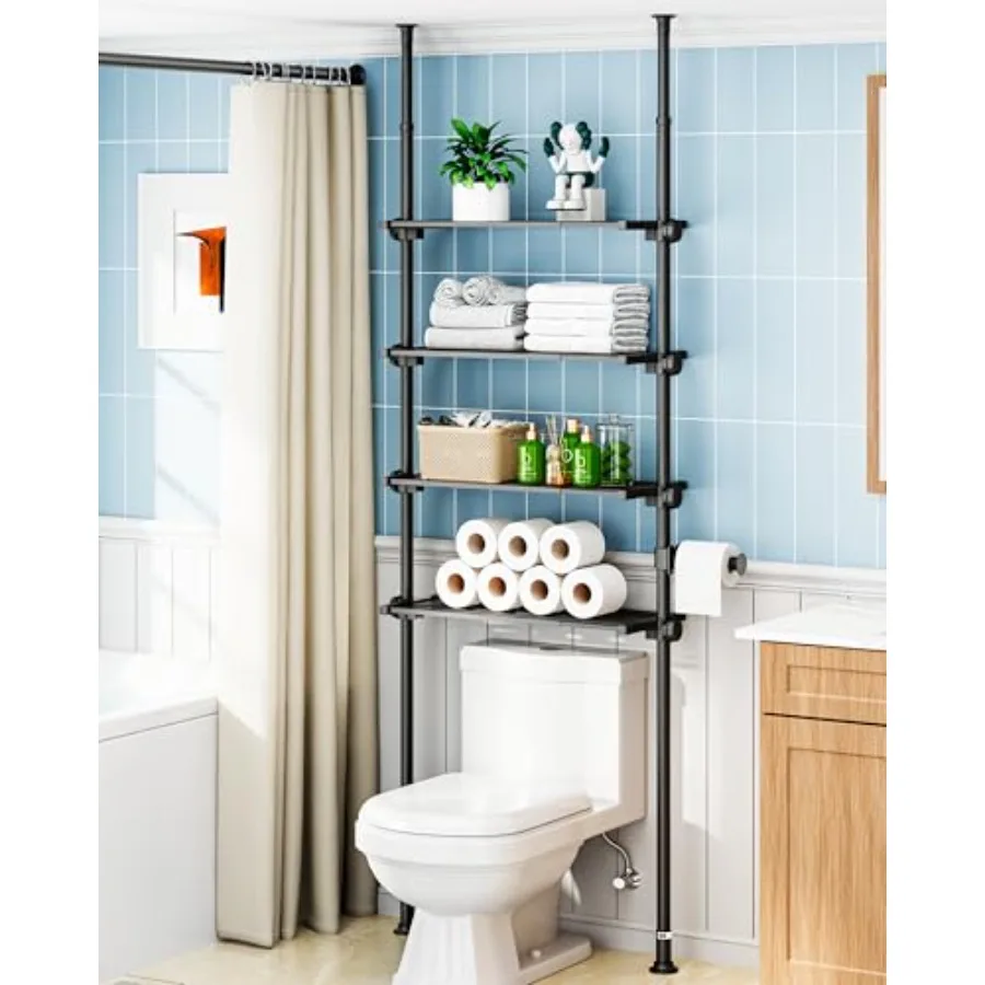 

Bathroom over-the-toilet storage shelf 4-tier adjustable tension-mounted organizer matte black metal fits 66-113 inch heights v