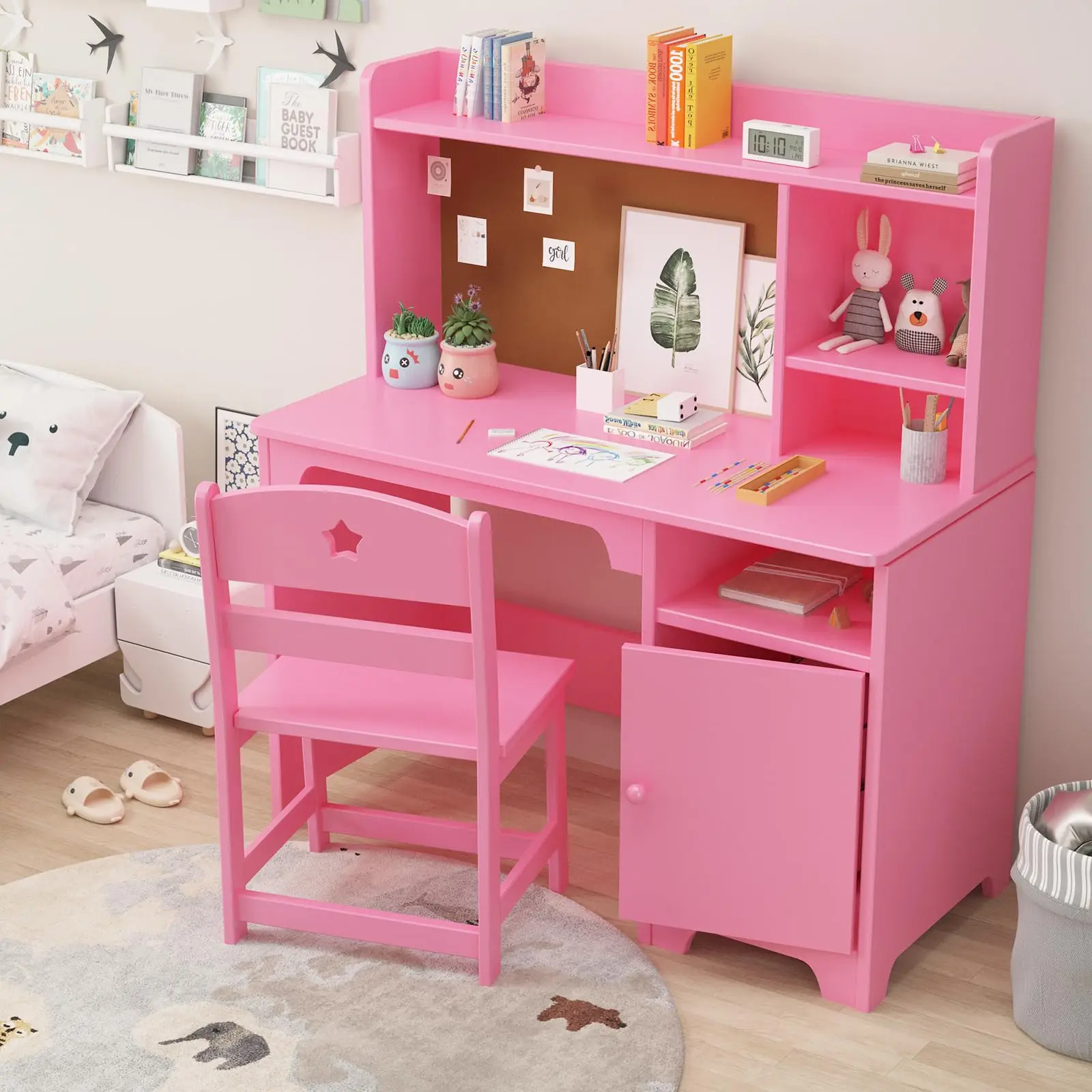 Kid's Study Desk and Chair Set,Wooden Ergonomic Design,Includes Bookshelf Organizer & Cork Bulletion Board for Children Studying, Writing, Drawing