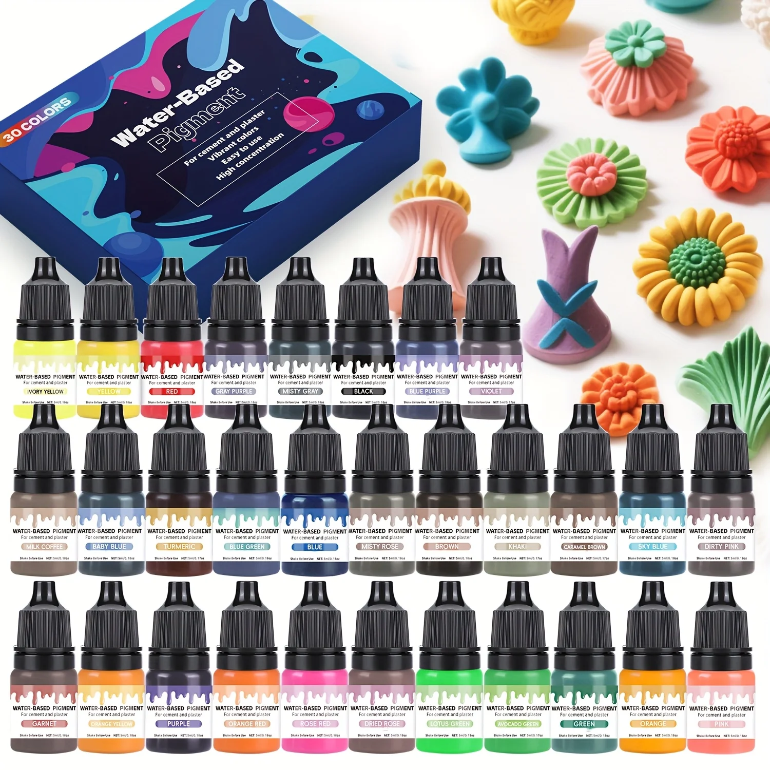 30-Farben-Zementfarben-Set, lichtbeständiges Pigment für DIY-Skulpturen, Gipskunst, Gipsfarbe, Heimdekorations-Bastelset (5ml)