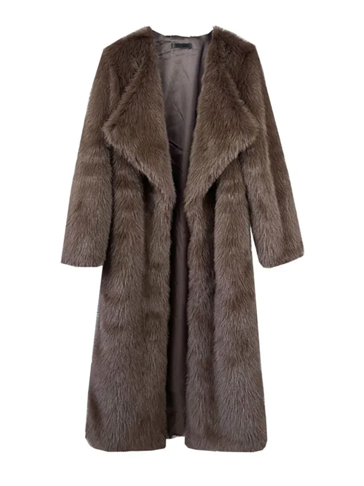 Women Brown Faux Fur Long Overcoat Luxury Lapel Fleece Long Thicken Cardigan Coat Winter Fluffy Plush Warm New Street Outerwear