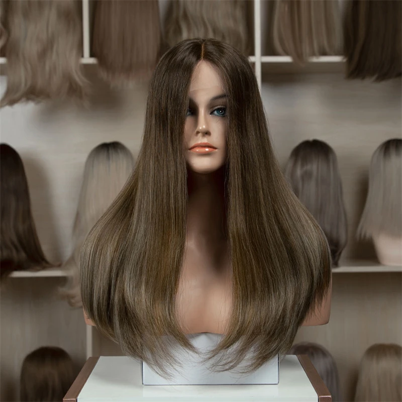 

HD бесклеевой парик Темно-коричневые блики Синтетические парики фронта шнурка Длинный прямой парик Натуральная предварительно выщипанная линия волос с волосами ребенка