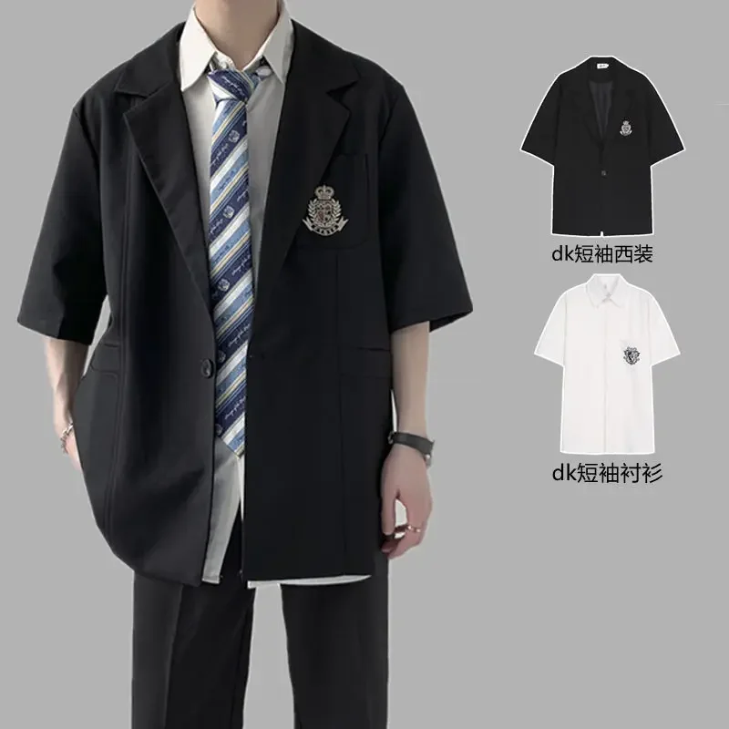 Summer Fashion Black Short Sleeved DK Suit for Men Korean Style Loose Student JK Class Uniform Casual Jacket Plus Size S-3XL