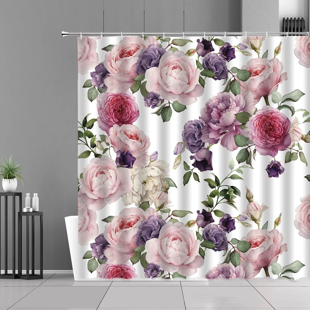 Rose Flowers Buddha Statue Shower Curtain Spring Floral Plants Natural Green Forest Bath Curtains Home Bathroom Decor Fabric