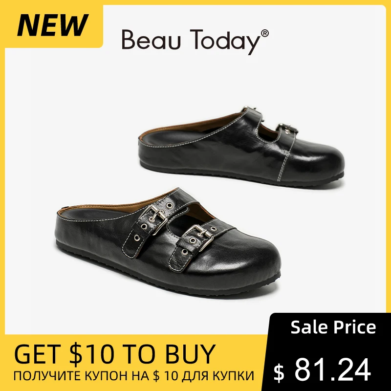 BEAUTODAY Causal Slippers Women Calfskin Leather Sliver Buckle Strap Round Toe Outdoor Flat Shoes Handmade 34118