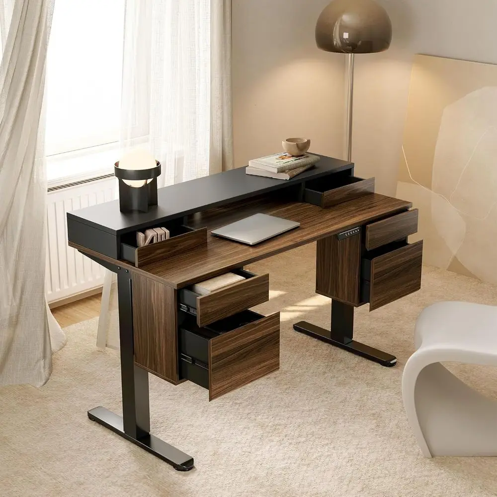 6-Drawer 55 Adjustable Height Standing Desk with Storage, Black Walnut, Suitable for Monitor Stands and Home Office Use