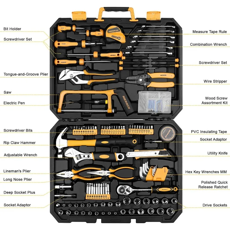 198 Piece Home Repair Tool Kit, Wrench Plastic Toolbox with General Household Hand Tool Set