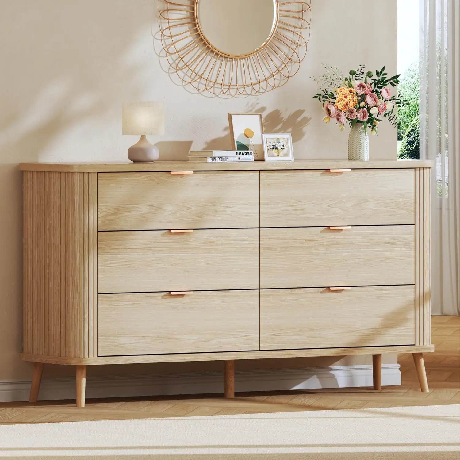 

Рифленый комод с 6 ящиками для спальни, современный комод середины века 55 дюймов и комоды с изогнутым профилем