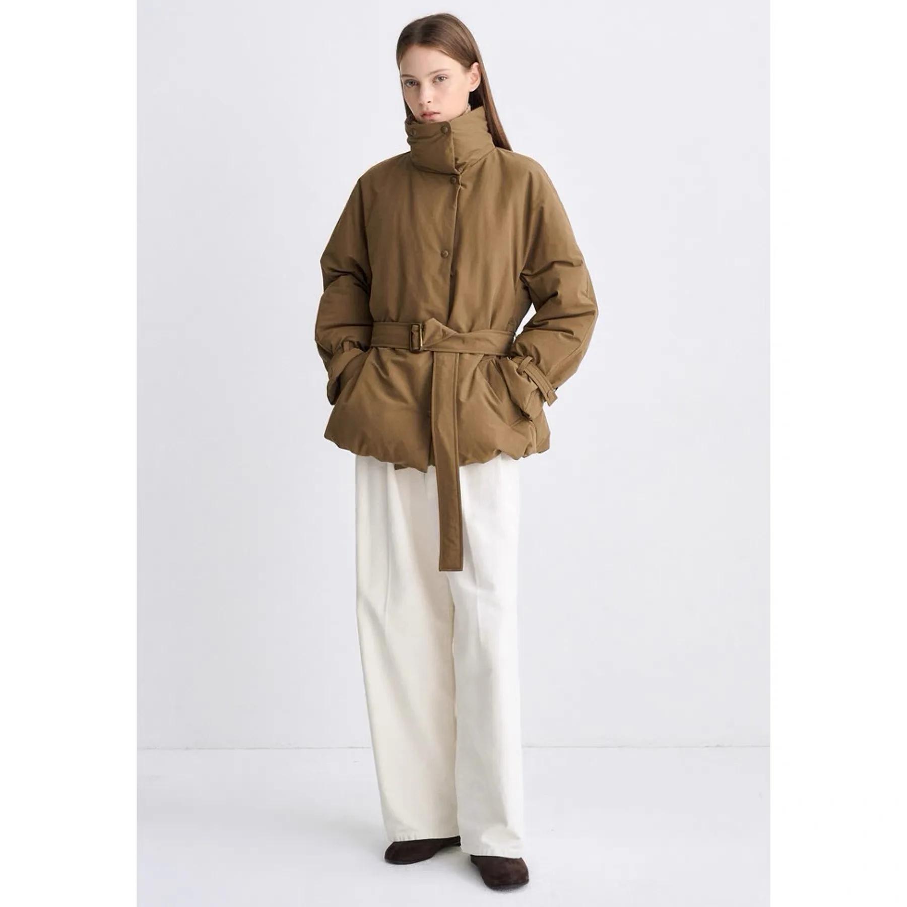 

Tim25 Зимнее модное корейское стеганое джето с воротником-стойкой и поясом, универсальное пальто на гусином пуху для женщин