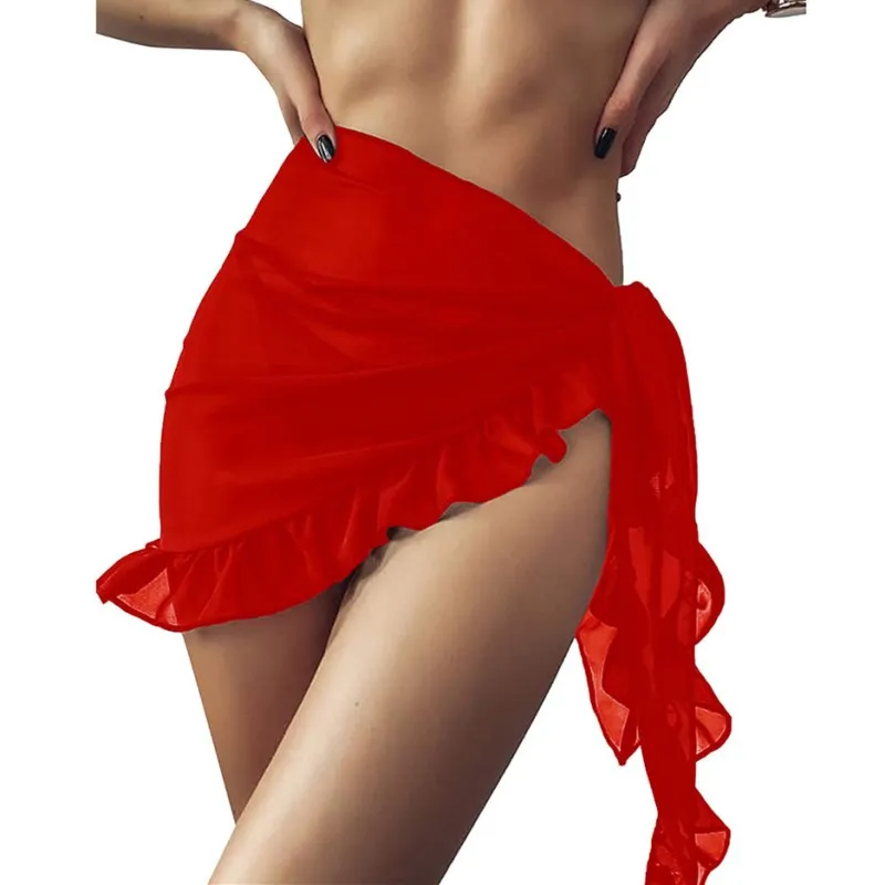 

2023 Summer Short Skirt European American Chiffon Pure Color Seaside Vacation Sunscreen Bikini Ear Edge Beach Skirt Women Red