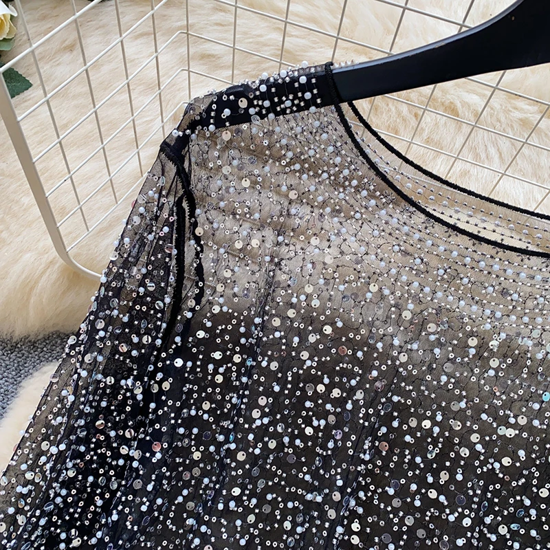 European American Nail Bead Sequin O-neck Long Sleeved T-shirt Women's Black Pullover Versatile See Through Top
