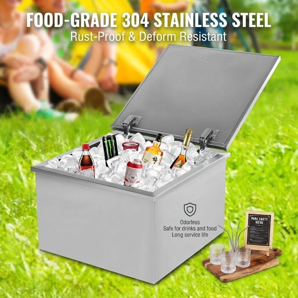 50L Drop-In 304 Stainless Steel Ice Chest Cooler, Double Wall Insulated Beverage Chiller with Drain Hose for Outdoor Bar Kitchen Party