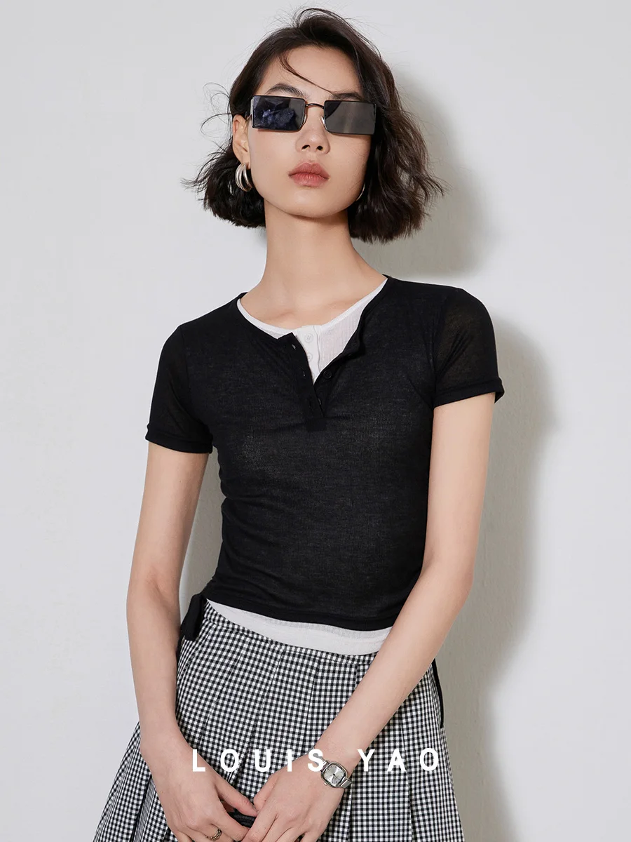 

LOUIS YAO Fake Two Piece T-shirt 2025 Fashion Contrasting Color Round Neck Drawstring Design Short Sleeved Women's T-shirt