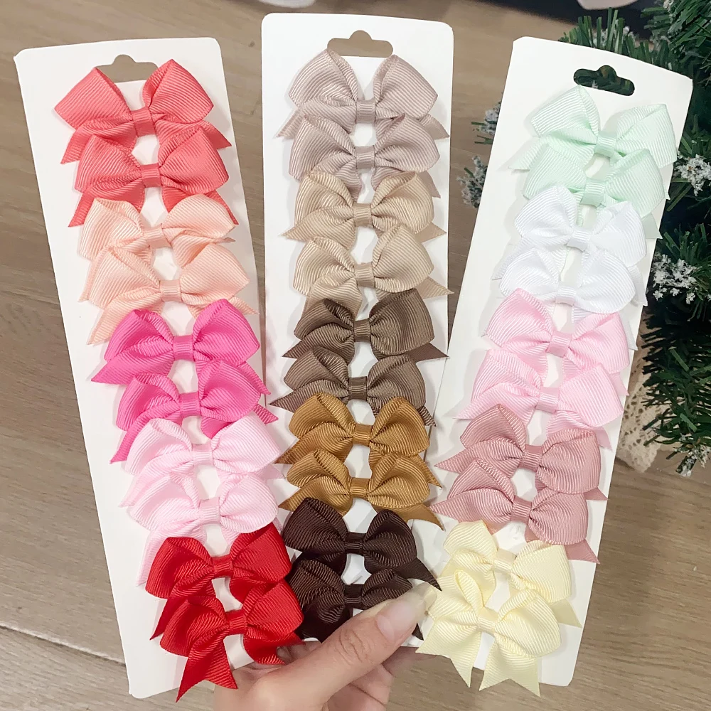 10pcs solid color kids bows hair clips — handmade ribbon bowknot barrettes for baby girls, New Year accessory 2