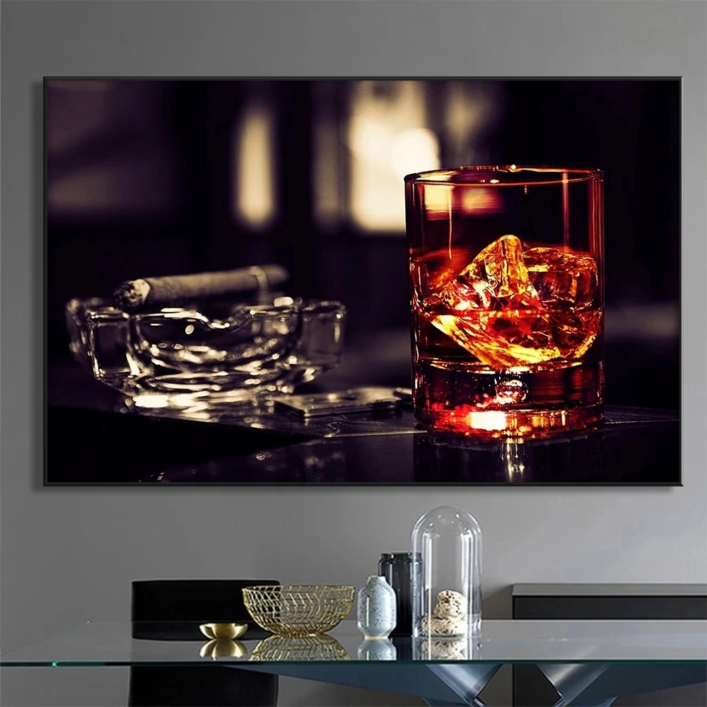 (1PC Unframe)Whiskey and Cigars Cigarette Canvas Painting for Bar Pub Restaurant Wall Art Prints Pictures Poster Cuadros Home De