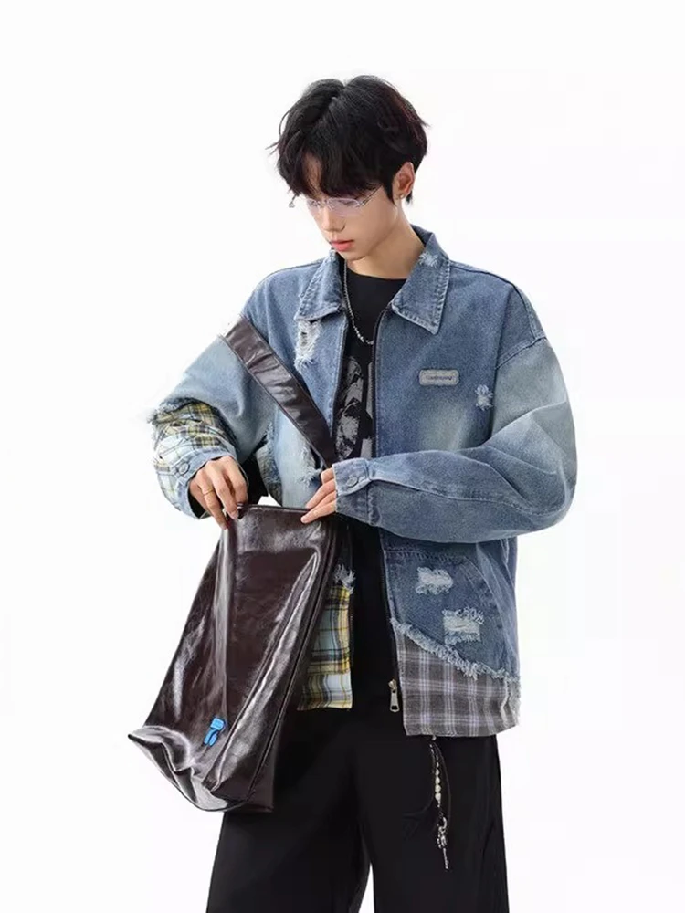 

Модный клетчатый лоскутный рваный джинсовый джинсовый джинт, мужской дизайнерский топ в американском стиле ретро с отложным воротником, осенний топ Haome