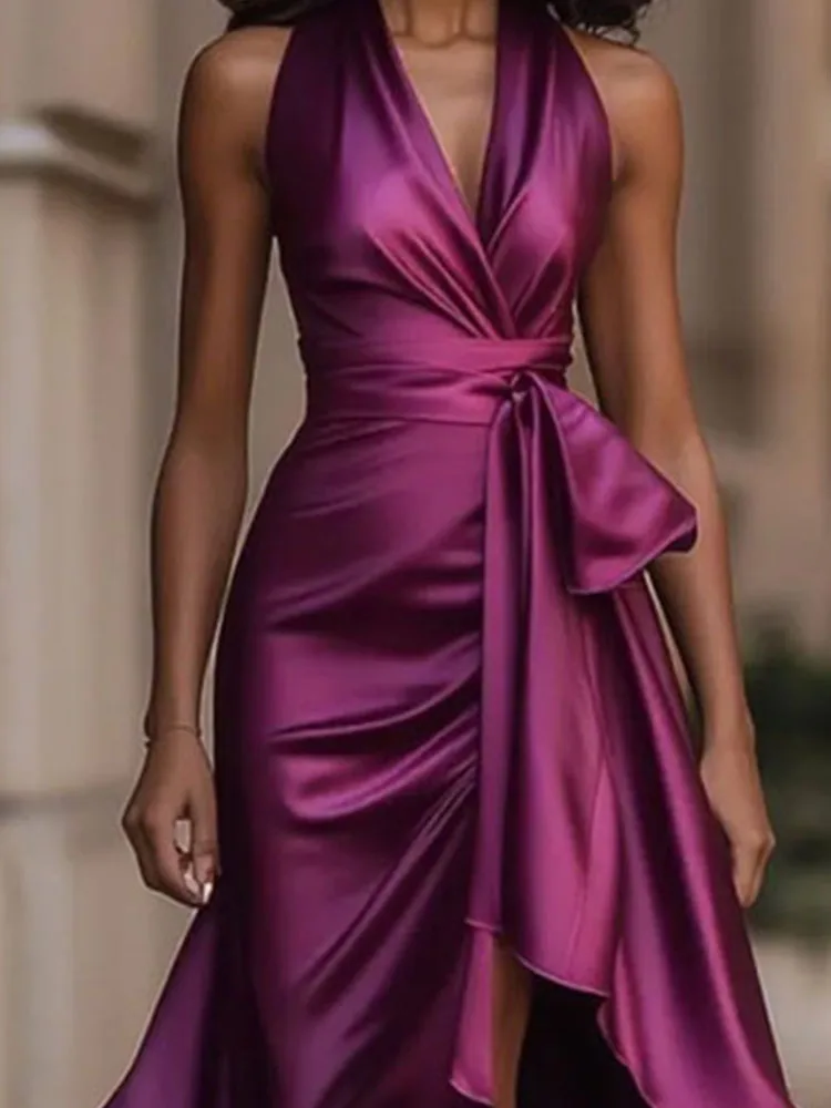 Mode Hohe Taille Solide Schlank Party Kleid Elegante V-ausschnitt Spitze-Up Unregelmäßige Kleider Kleid Sexy Ärmellose Rüschen Kanten langes Kleid