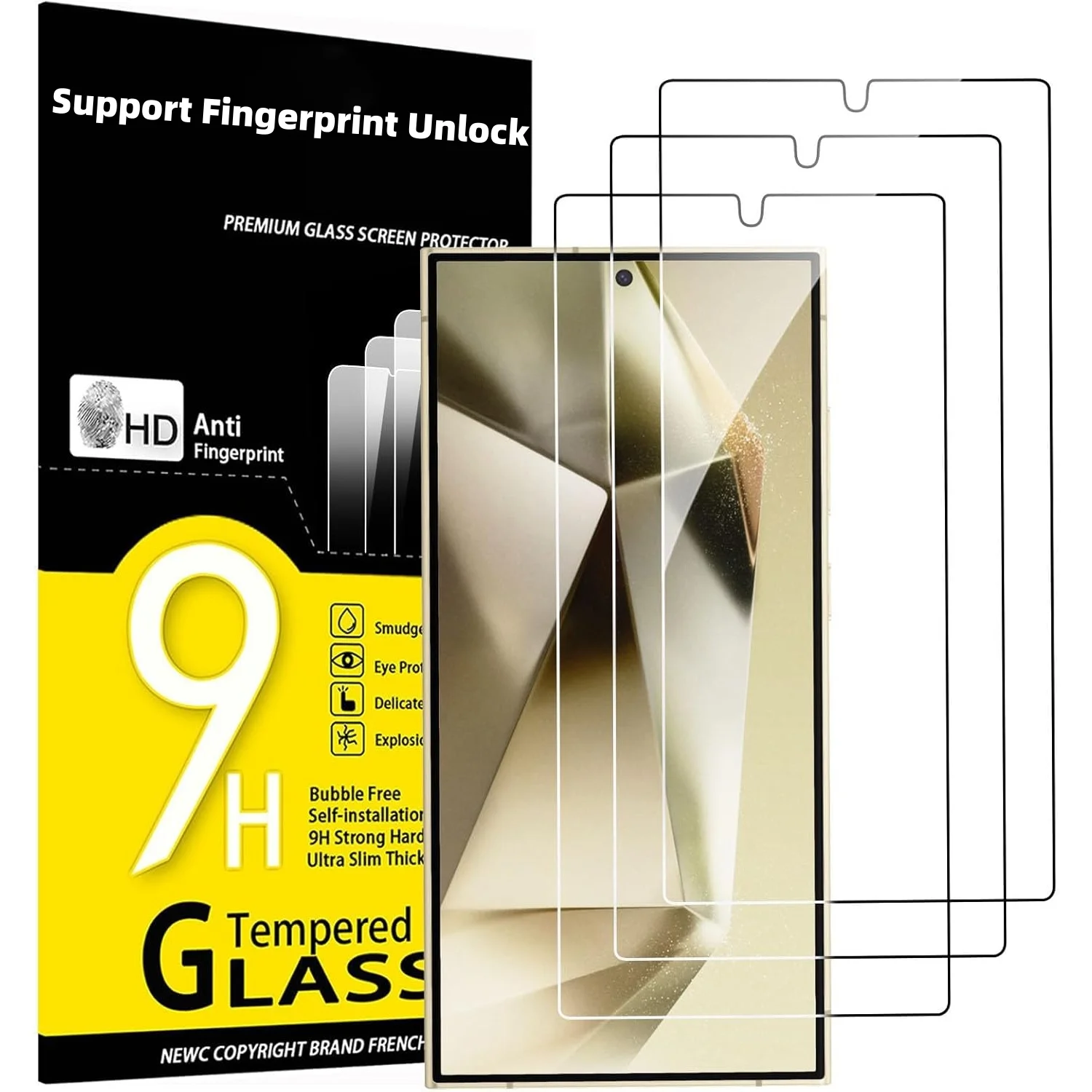 3 Pcs Designed for Samsung Galaxy S25 S24 Ultra Plus FE Screen Protector Tempered Glass, Support Fingerprint Unlock, Resistant