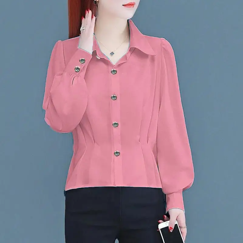 

2023 Summer Long Sleeve Women's Clothing Loose Lapel Folds Solid Color Spliced Single-breasted Commute Simplicity Causal Blouse