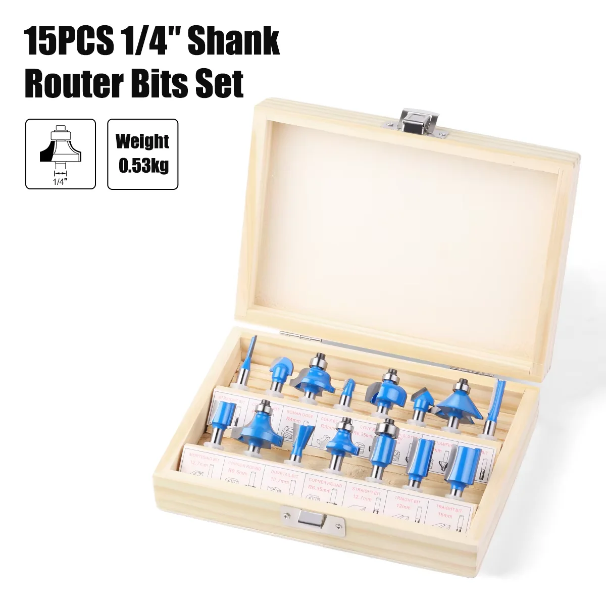 1/4-Zoll-Schaftfräser-Set, 15-teilig, für Holzbearbeitung, Kantenbearbeitung, Nutenfräsen, geeignet für Holztrimmer und Fräsmaschinen