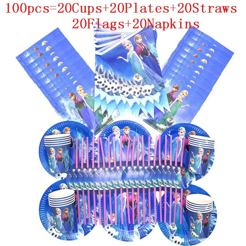 

60/90/100PCS Happy Birthday Kids Cartoon Frozen Anna Elsa Baby Shower Party Decoration Set Banner Straws Cups Plates Supplies