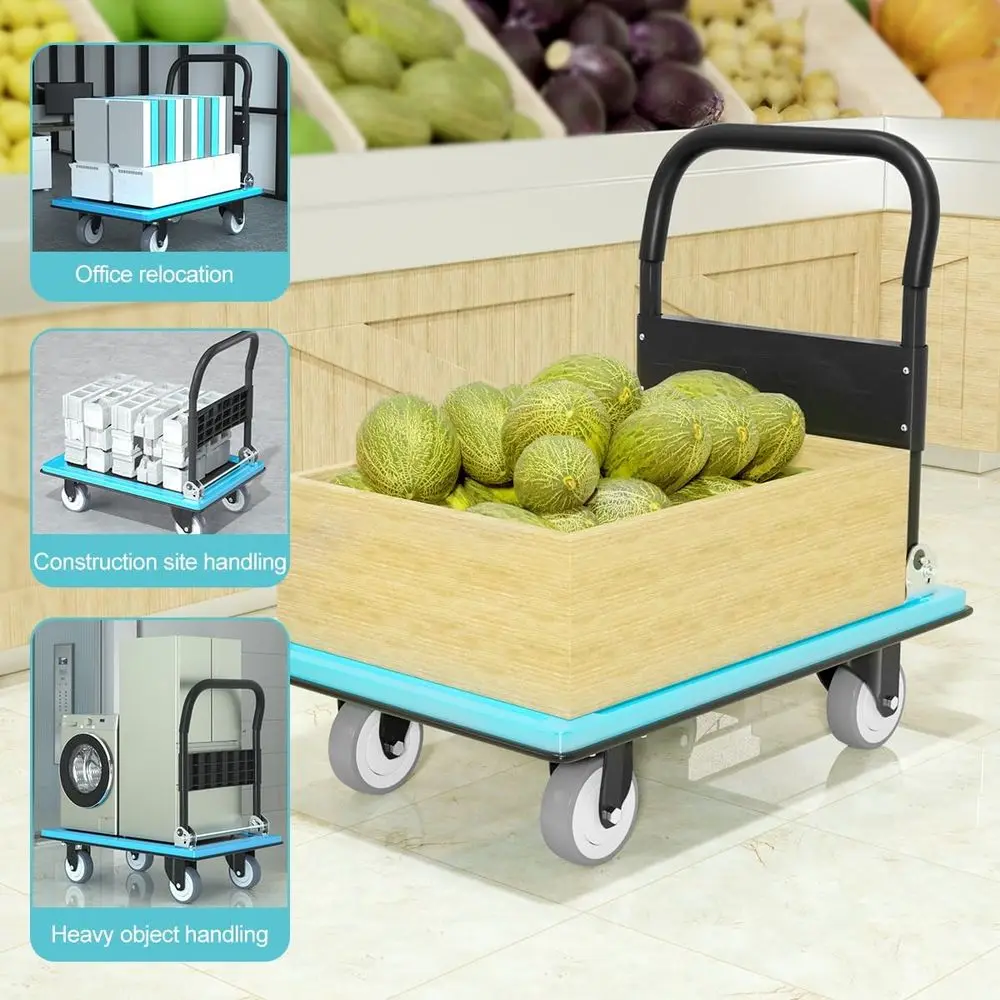 Wytrzymały składany wózek platformowy z obrotem 360 stopni °   Kółka obrotowe, 30,3 cm dł. x 19,7 cm szer., udźwig 900 funtów, niebieskie