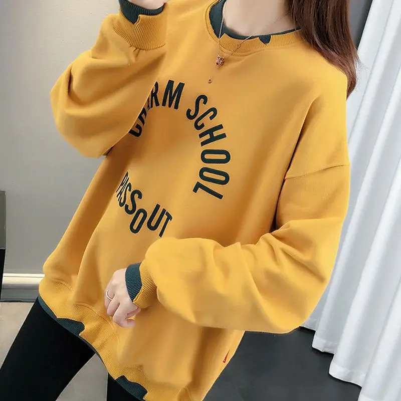 Fashion Printed Fake Two Pieces Sweatshirts Female Clothing 2023 Autumn Winter Loose Casual Embroidery Tops Korean Sweatshirts