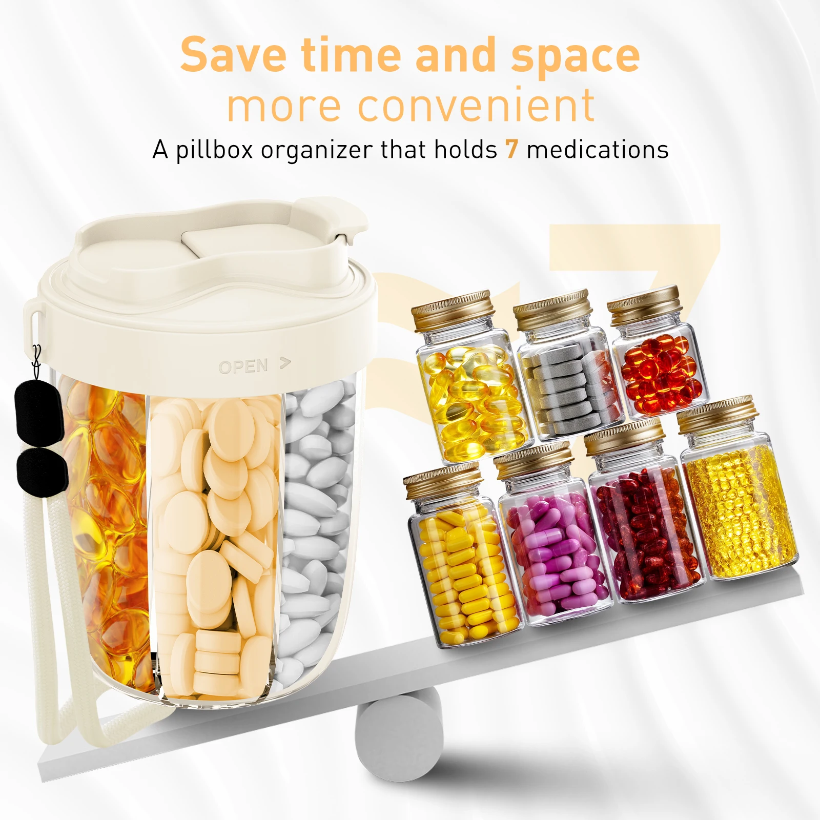 One Large Pillbox 7 Grids Bottle Pill Organizer Sealed Medicine Vitamin Dispenser Portable Pill Cup Storage Container for Travel