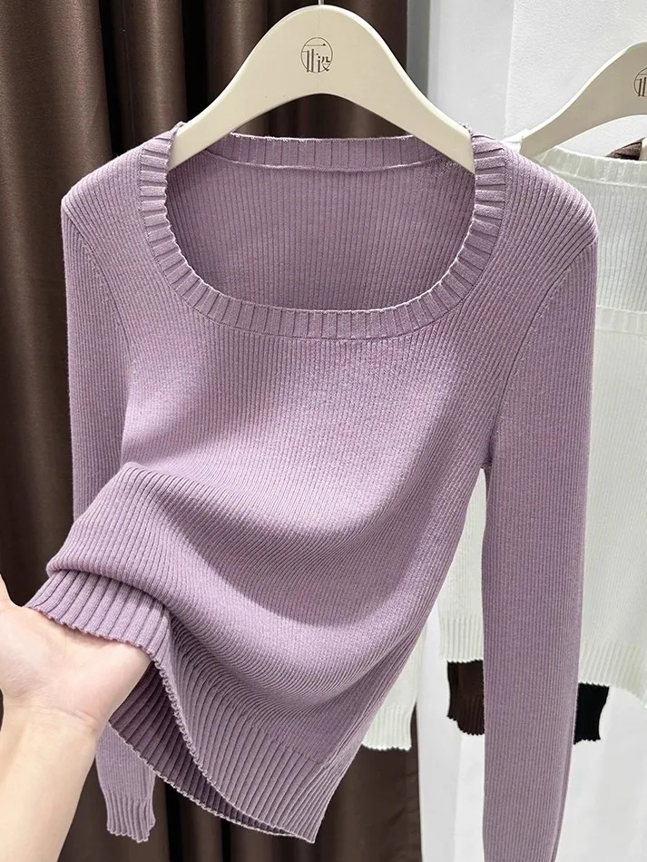 

Женский модный вязаный свитер больших размеров с квадратным вырезом, эластичный, облегающий, в корейском стиле, осенне-зимний