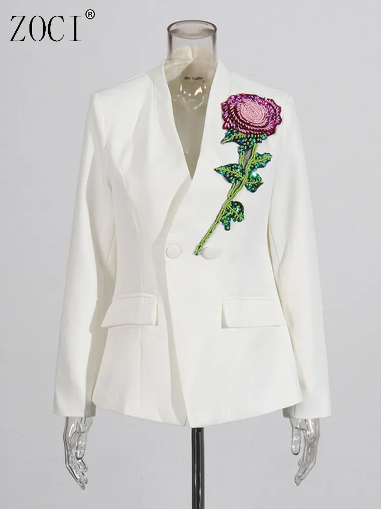 

ZOCI Women's Beading Blazers Sequins Flower Spliced Suit Jackets For Female Unique Design Notched Collar Coats 2025 Spring New