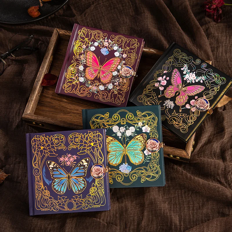 Retro-Notizbuch mit quadratischer Magnetschnalle, Hardcover, Gothic-Märchen-Schmetterlings-Serie, 128 Blatt/Buch, vollfarbige Innenseiten