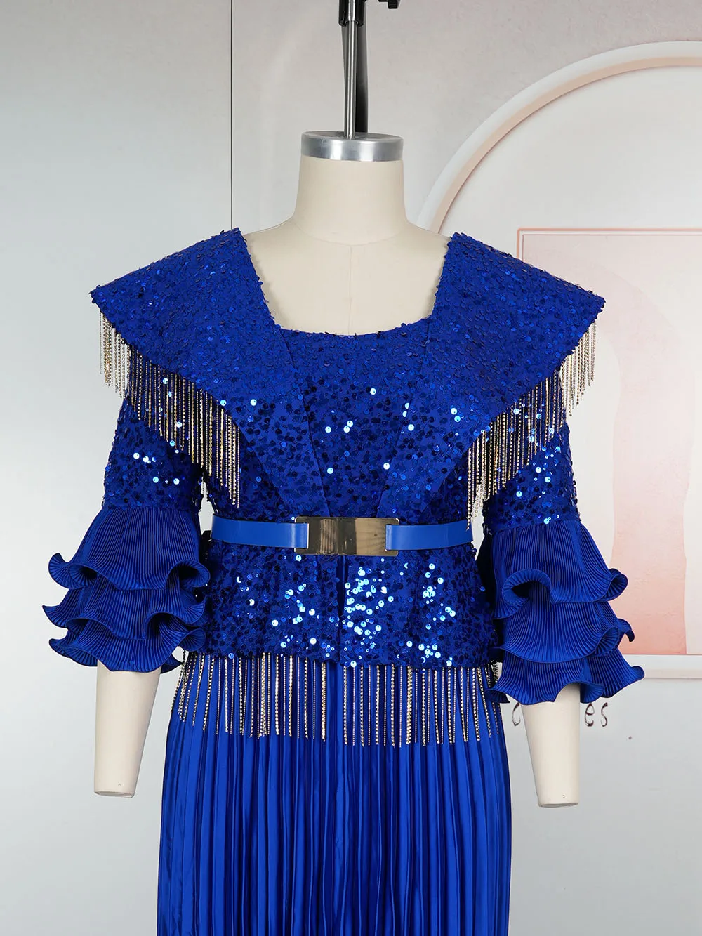 Ruffle Sleeve Dresses For Women Luxury Sequin Pleated Long Dress Wedding Party Evening Gown Birthday Elegant Ladies Clothing