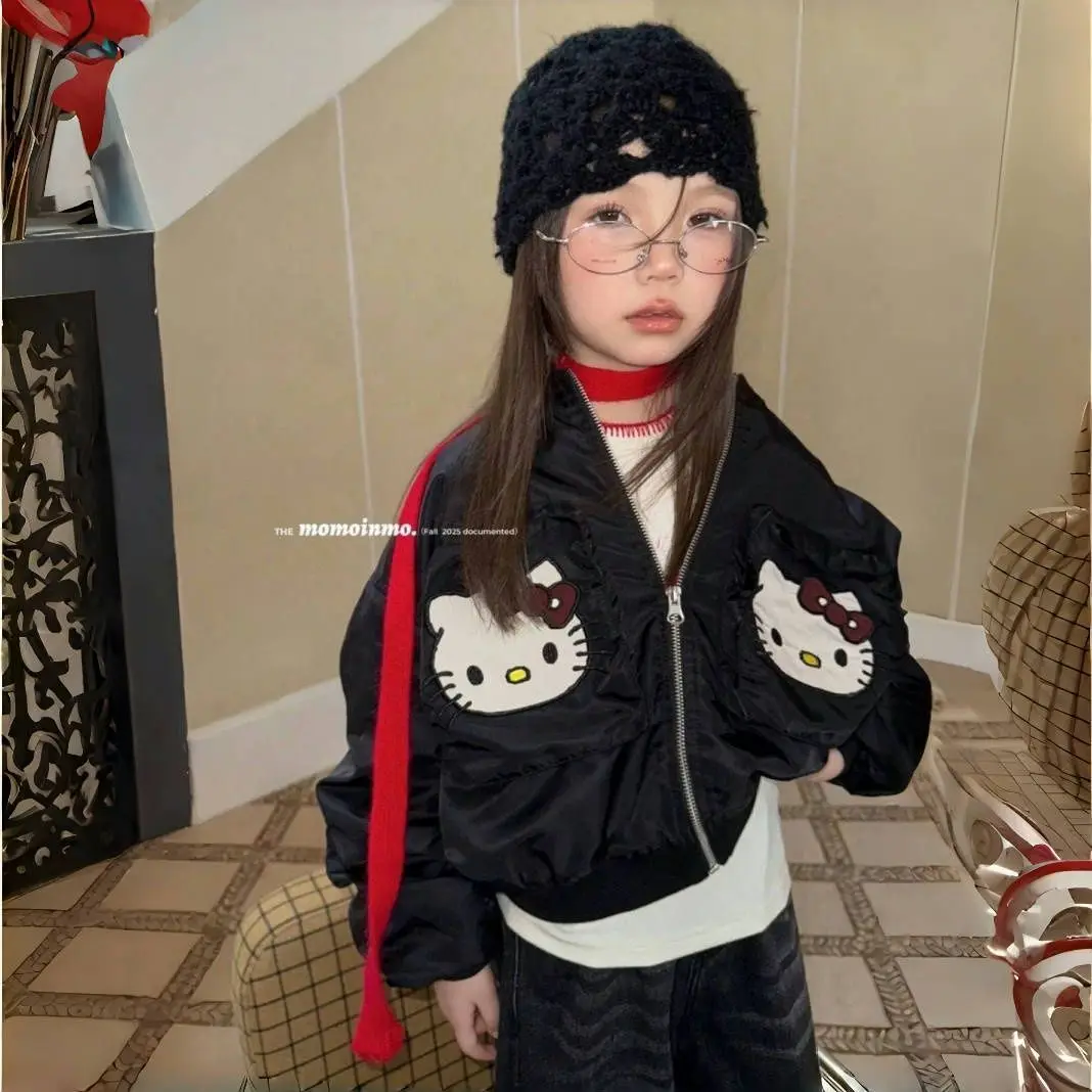 

Cartoon Hello Kitty Children Baseball Uniform Anime Girls Black Fashion Sweet Cool Embroidered Outdoor Jackets Flight Jacket