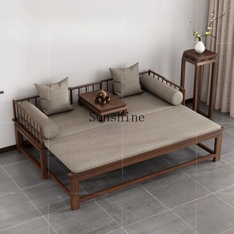 

New Chinese style antique living room sofa double bed pure solid wood simple tea room bed