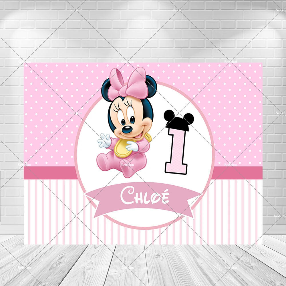 

Милый розовый детский фон с Минни Диснеем для девочек, новорожденный детский душ, украшение для вечеринки в честь первого дня рождения, фоны для фотосъемки