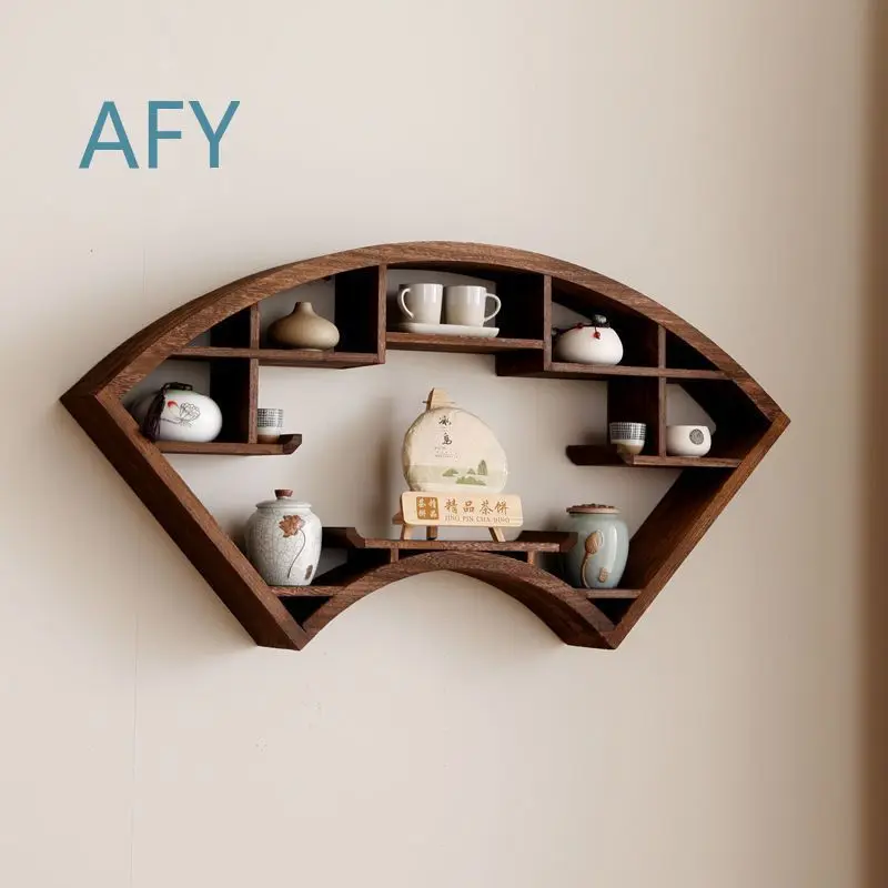 Wooden Chinese Style Wall Mounted Display Shelf for Antique Tea Set Multi Tiered Curio Cabinet for Tea Pot Storage Minimalist