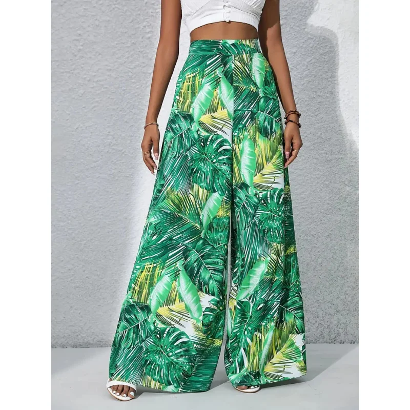 2026 Women High Waist Tropical Leaf Print Wide Leg Pants Casual Summer Beach Flowy Palazzo Trousers Multi Colors