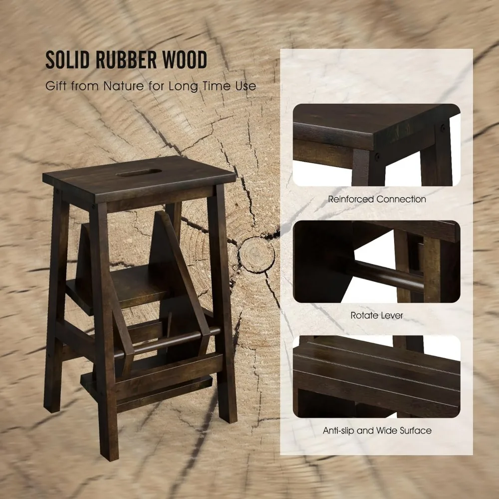 Multifunctional Wooden 3-Step Folding Ladder with Storage Shelf and Flower Rack