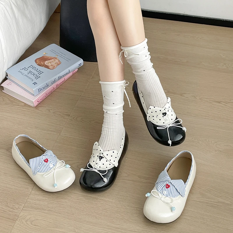 

Women Round Toe Mary Jane Flats Striped Polka Dot Bow Soft Slip On Casual Flat Shoes Black Beige Soft Sole Comfort Daily Footwea