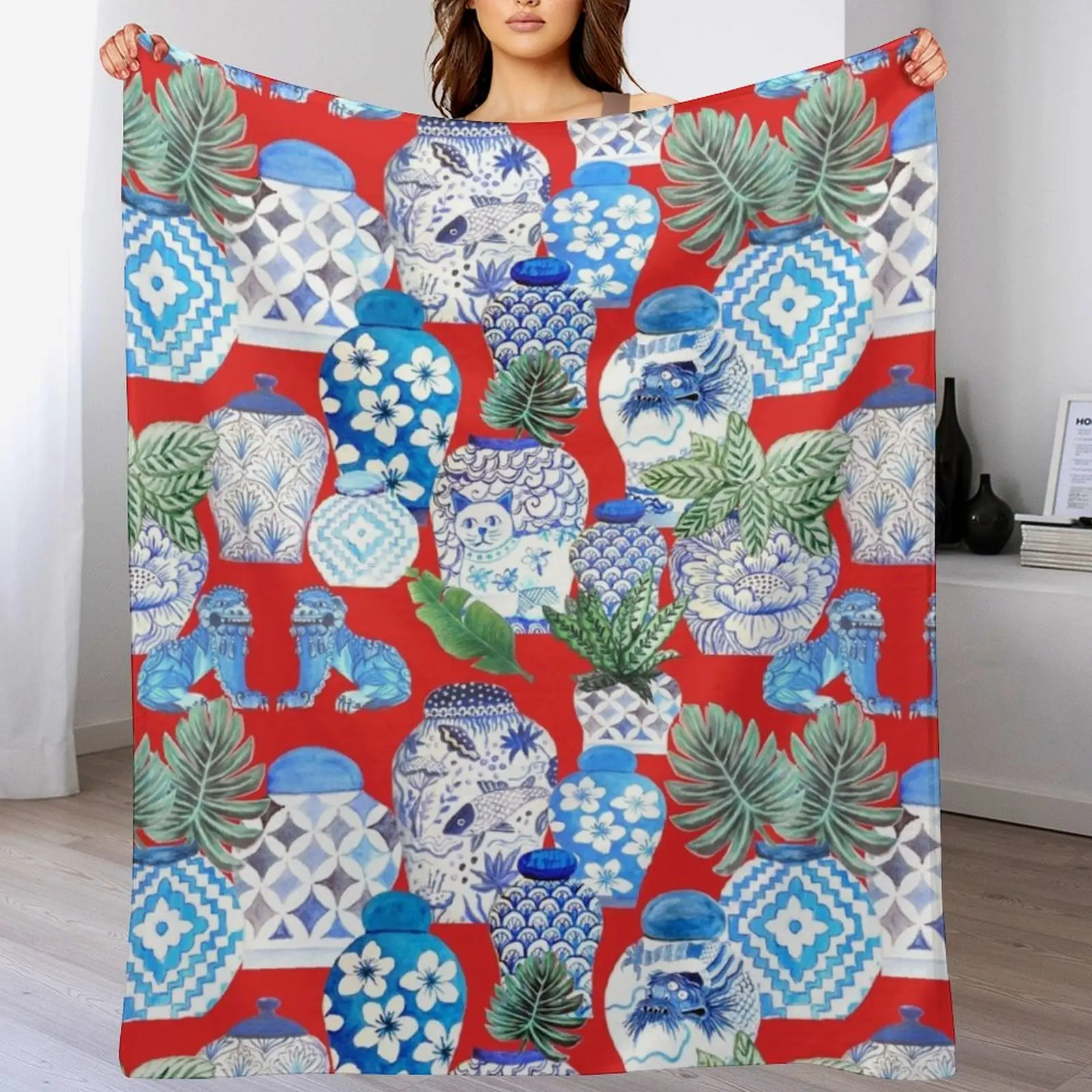 ginger jars in blue and white porcelainand foo dogs on red with palms Throw Blanket Hairys Summer cosplay anime Thermal Blankets