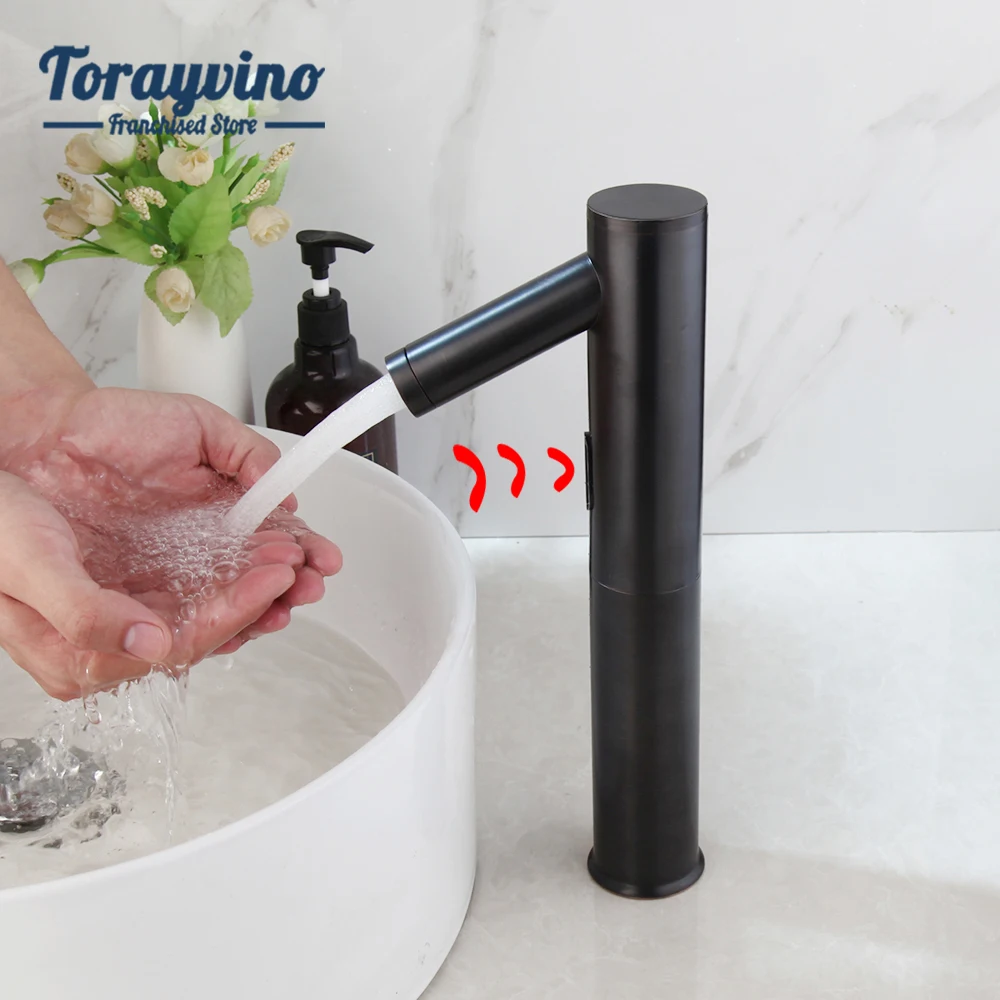 

Torayvino Bathroom Basin Automatic Sensor Faucet Deck Mounted Stream Water Matter Black Round With Hot And Cold Water Mixer Taps