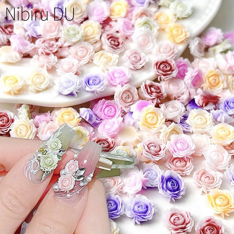 

100pcs 3D Pink Rose Nail Art Charms Mixed Color Nail Rhinestone Colorful Resin Camellia Rose Flowers Decoration Nail Accessories