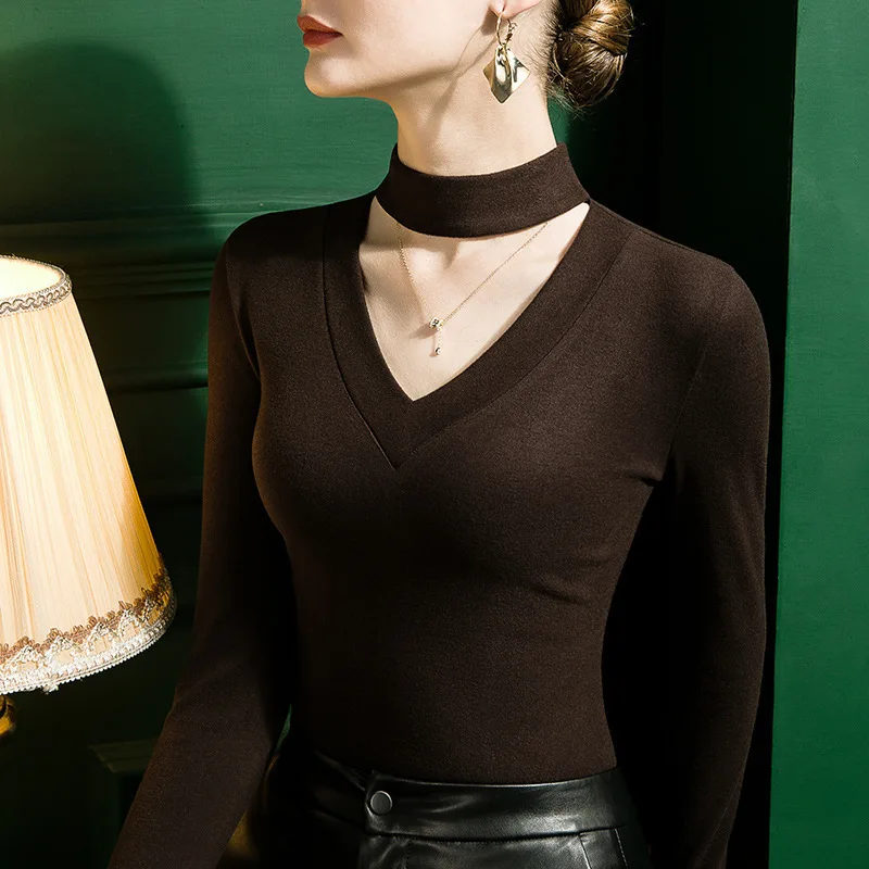 #4368 Black Beige Brown Long Sleeve T Shirt Women Warm Halter Neck Sexy Tight Tee Shirt Femme Hollow Out Thick Autumn Winter