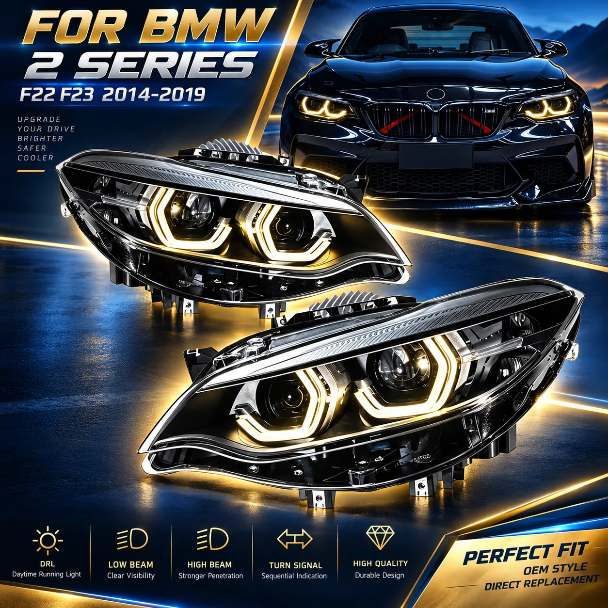 2 fari anteriori a LED per BMW Serie 2 F22 F23, modelli 2014-2019, con luci diurne a LED e indicatori di direzione dinamici, accessori per l’illuminazione automobilistica.