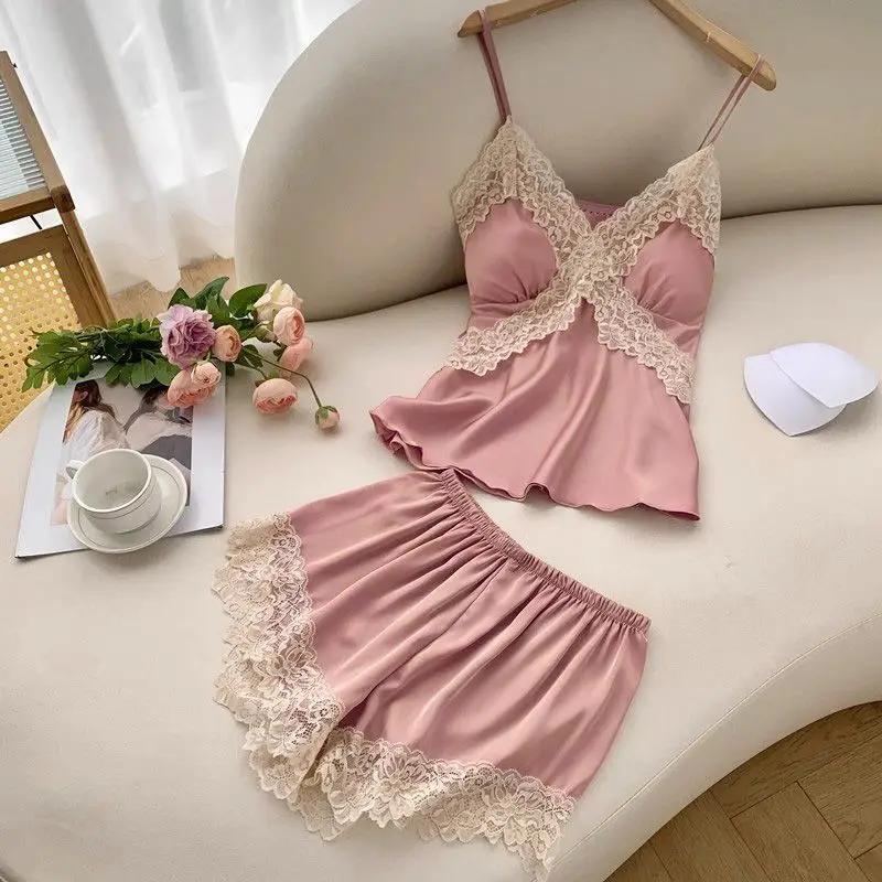 

Women 2 Piece Sets Lace Trim Sleeveless Crop Cami Top and Shorts Summer Lounge Pjs Set Sleepwear Pijama Mujer 2025 New