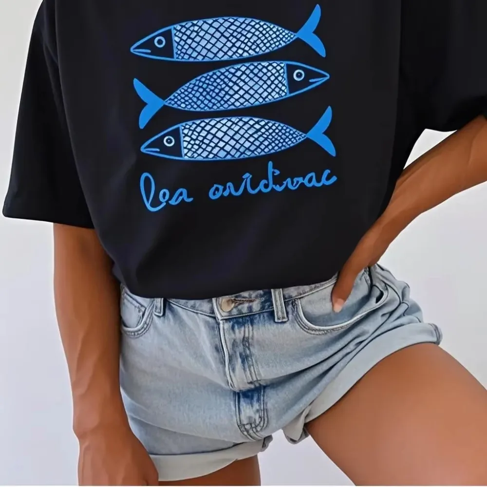 INAWLY-Camiseta con estampado de sardina para mujer, camisa informal de pescado enlatado, camiseta informal de moda de verano para chica costera de tomate