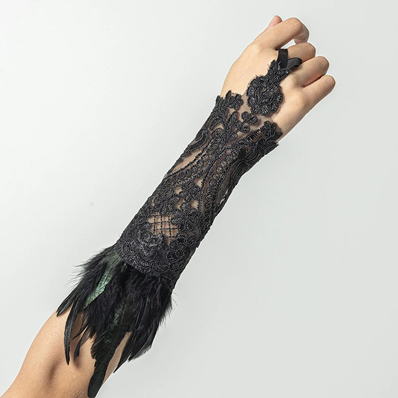 Guantes largos sin dedos de plumas de encaje para mujer, pulsera de malla gótica, puños de boda, accesorios de fiesta de Halloween